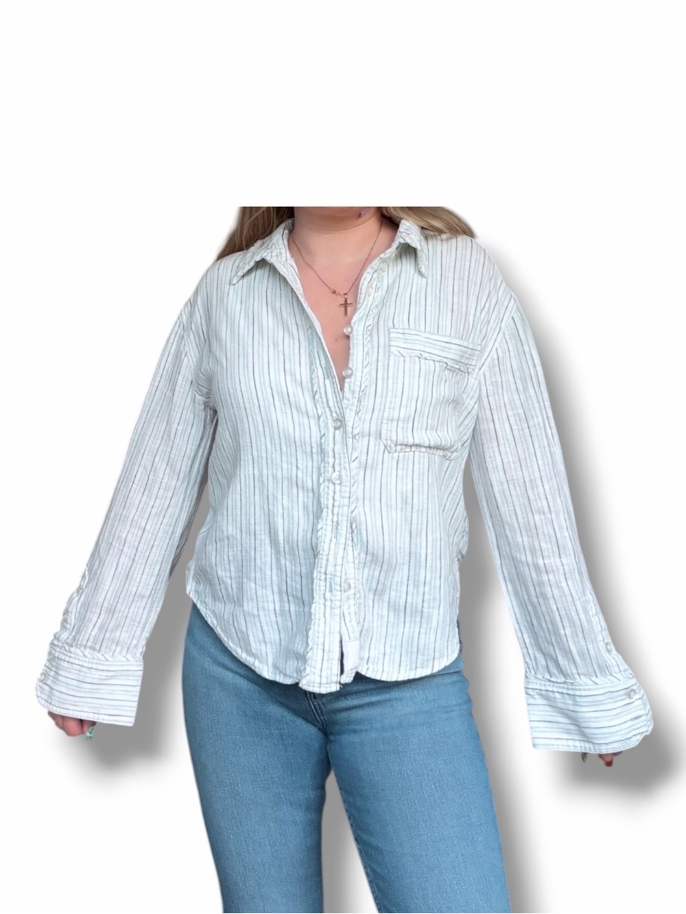 Free People We The Free Laurel Linen Button-Down Shirt Ivory White Blue Stripe